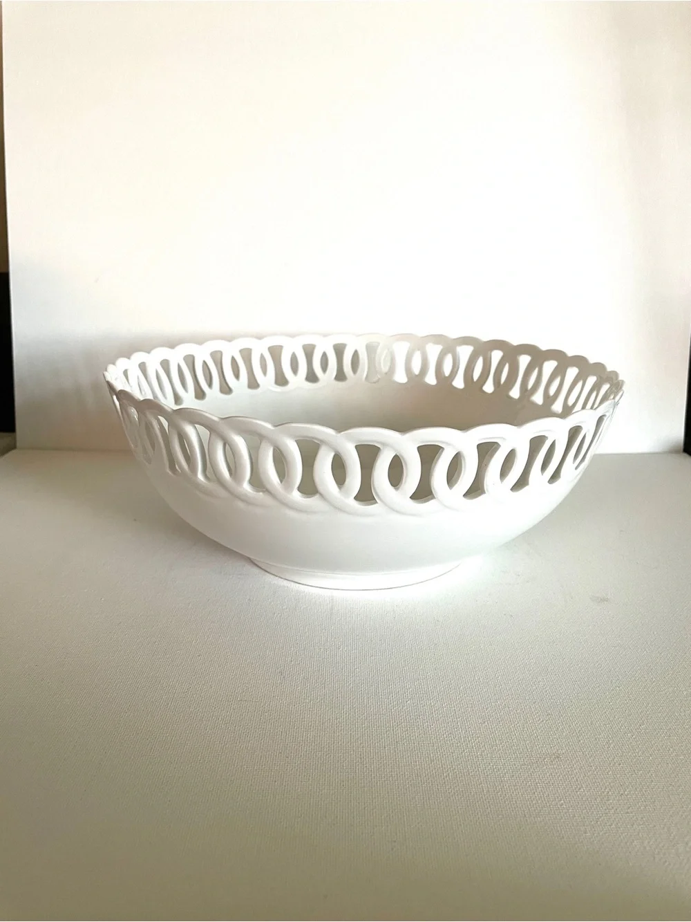 White Decorative Ceramic Bowl with Open Loop Rim Entertaining Hostess
